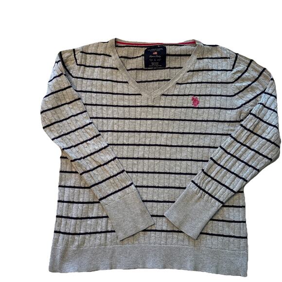U.S. POLO ASSN. V-Neck Sweater Women’s Large Gray Navy Stripes Cable Knit - Picture 1 of 7